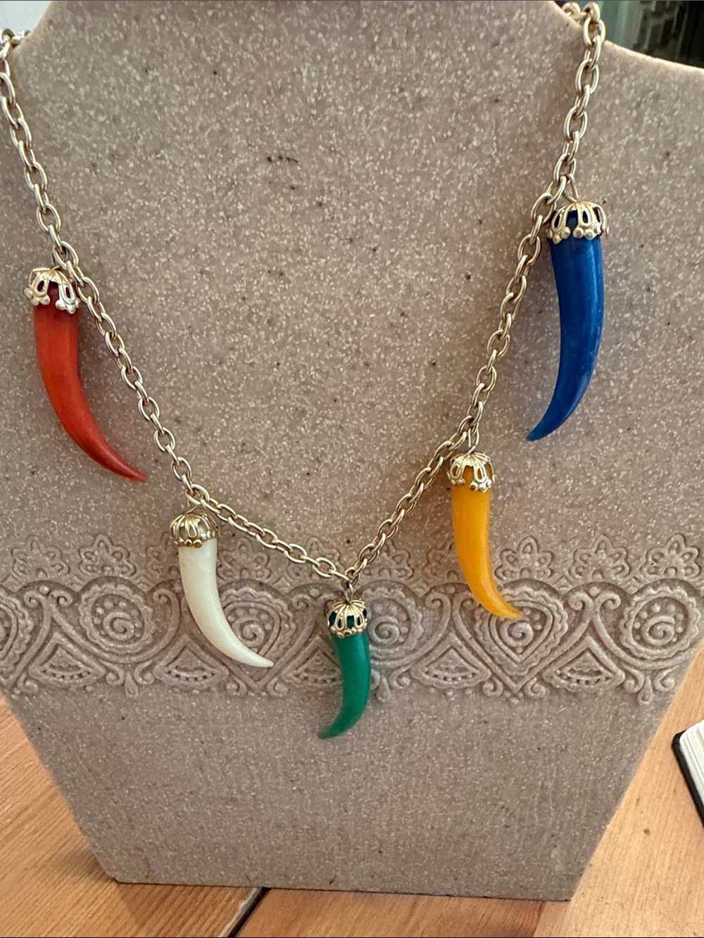 Vintage Multicolor Horn Charm Statement Necklace - Gold Chain made in Hong Kong